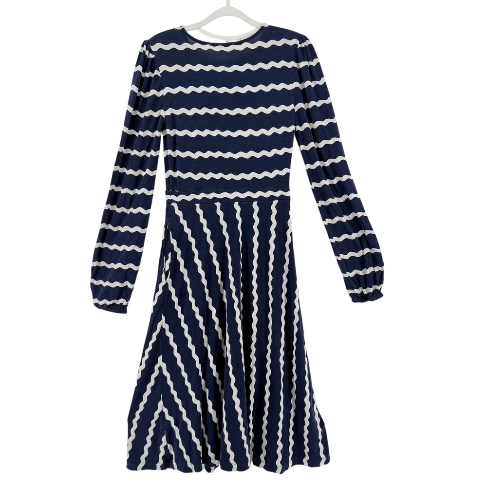 Boden Navy White Wavy Stripe Long Sleeve Fit Flare Dress Pockets US 2R Stretch‎ - Picture 2 of 7